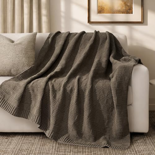 EVERGRACEHOME Modern Checkered Chenille Throw Blanket, Soft Cozy Plaid Knitted Chair Blanket for Sofa Couch, Decorative Knit Throw for Bed and Living Room, Mocha Brown, 50" x 60" - color: Checkered Mocha Brown, size: 50" X 60"