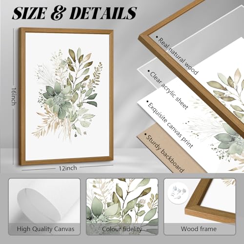 Joocrise Wooden Frame Watercolor Botanical Wall Art Boho Floral Canvas Wall Decor Prints Sage Green Wildflower Wall Art Modern Flower Pictures Botanical Painting for Bedroom Bathroom 12x16x3 Inch - color: Watercolor Botanical Prints, size: 16"L x 12"W