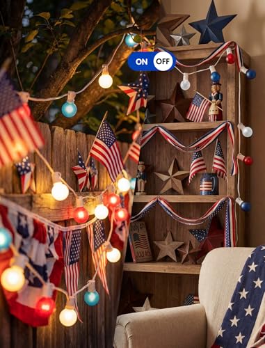 SUNSGNE 25FT G40 Red White and Blue String Lights Outdoor, Frosted Globe 4th of July Lights, Waterproof Connectable Patriotic Light for July 4th Independence Day, Memorial Day - color: Frosted Red White Blue-White, size: 25 Ft