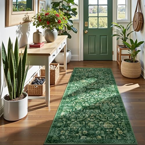 Dark Green 2x6 Runner Rug for Hallways Bed Side Kitchen, Boho Washable Distressed Low-Pile Floor Entryway Long Bathroom Mat, Non-Slip Laundry Room Washstand Front Carpet Green 24x72 Inch - color: Dark Green, size: 2'x6'