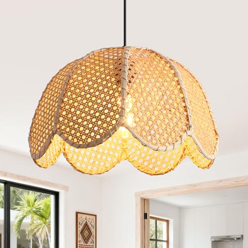 Boho Rattan Pendant Light, 16" Wicker Chandelier for Dining Room, Hand-Woven Flower Shaped Ceiling Light, Natural Farmhouse Hanging Lamp for Kitchen Island, Bedroom, Living Room, Adjustable Cord, E26 - color: D3050