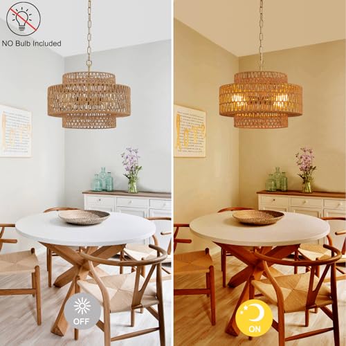 17.8" Boho Rattan Chandelier Light Fixture, 4-Light Golden Hand Woven Pendant Light Fixture Farmhouse Rustic Wicker Chandeliers for Kitchen, Bedroom, Dining Room, Living Room, Hallway, Foyer - color: Gold 17.8"