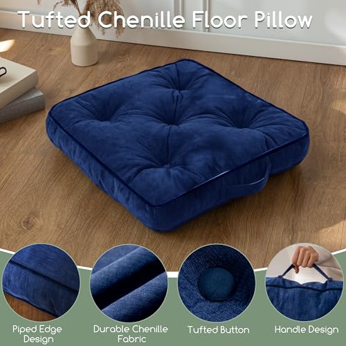 HIGOGOGO Large Floor Pillow Cushion for Adults, Meditation Cushion Pillow with Handle, Lustrous Chenille Tufted, Square Floor Sitting for Tatami Living Room or Yoga, 22x22 Inch, Navy - color: Square Navy, size: 4" Thick(Pack of 1)