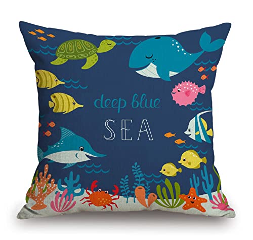 Cartoon Fish Whale Throw Pillow Cover 18 x 18 Inch, Cartoon Underwater Ocean Theme Sea Animal Nature Shark Turtle Decor Linen Cushion Cover for Sofa Couch Bed - color: Tss40