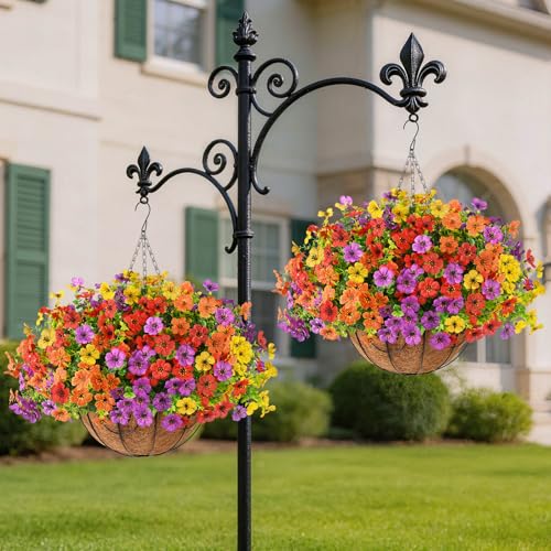 Artificial Faux Hanging Flowers Plants with Basket for Outdoor Spring Decoration, Fake Silk Daisy Outside Indoor UV Resistant Look Real Yard Patio Front Porch Garden Balcony Home Summer Decor(Mix2) - color: Red Orange Yellow Purple