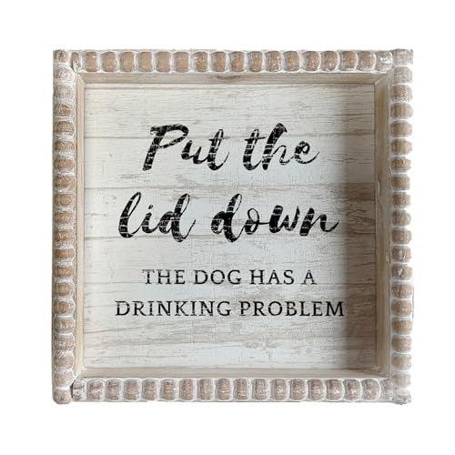 Boho Farmhouse Wooden Framed Bathroom Decor Signs, Funny Restroom Decorative Plaque Small Cute, Toilet Rules Shelf Decoration (Put the Lid Down the Dog Has A Drinking Problem) - color: Put the Lid Down the Dog Has A Drinking Problem
