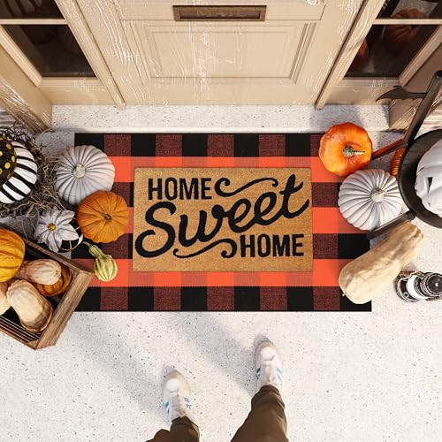 KIMODE Buffalo Plaid Fall Outdoor Rug 27.5"x43",Washable Halloween Door Mat,Reversible Front Porch Rug,Checkered Layering Rug for Entryway,Halloween Front Porch Decor,Orange and Black - color: Orange/Black, size: 2'4" x 3'7" (Rectangular)