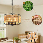 lobolighting Boho Rattan Chandelier, 11.8" 3-Lights Farmhouse Pendant Light with Hand Woven Drum Shade, Modern Black Chandelier for Dining Room Living Room Kitchen Island Bedroom