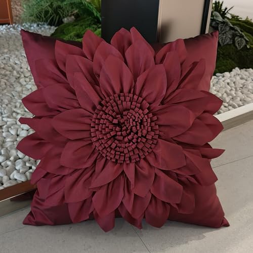 Bella's Giftshop 3D Sunflower Decorative Throw Pillow Covers for Bed Sofa Couch Car, Accent Floral Taffeta Cushion Cover, Handmade Pillow Cases Living Room Decor, 17x17 Inch-Burgundy - color: Burgundy