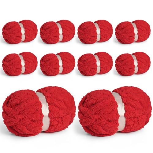 10 Pack Jumbo Chenille Yarn for Crocheting, #10 Super Bulky Baby Soft Yarn for Hand Knitting, 220 yds /70.5 oz Fluffy Chunky Knit Throw Blanket Yarn (Red) - color: 10 Red