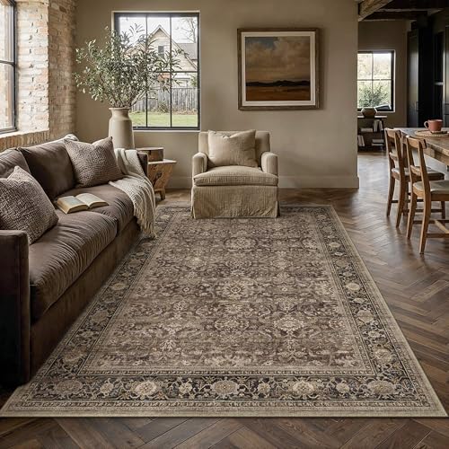 HUGEAR Brown Washable 5x8 Area Rugs for Living Room Bedroom Vintage Distressed Neutral Rug Carpet Durable Soft Non Slip & Shedding Stain Resistant Low Pile Indoor Home Decor - color: Retro | Brown, size: 5' x 8' (Rectangular)