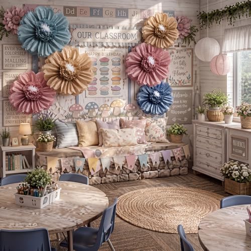 Giegxin 6 Pcs 31.5", 24" Boho Giant Paper Flowers Back to School Bulletin Board Decoration Large Pink Blue Classroom Tissue Flowers for Wall DIY Photo Backdrop Classroom First Day of School Party - color: Blue,Pink,Brown, size: 31.5", 24"