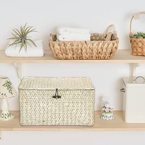 Hipiwe Wicker Shelf Baskets Bin with Lid, Large Natural Seagrass Basket Storage Bins Handwoven Rectangular Household Basket Boxes for Shelf Wardrobe Home Organizer and Decor, Whitewash - color: Whitewash, size: Large
