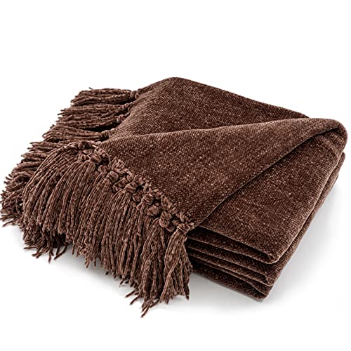 RECYCO Throw Blanket Soft Cozy Chenille Throw Blanket with Fringe Tassel for Couch Sofa Chair Bed Living Room Gift (Brown, 60'' x 80'') - color: Brown, size: 60'' X 80''