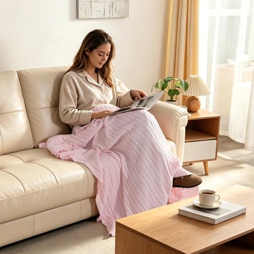 NTBAY 100% Pure Cotton Cable Knit Throw Blanket, Super Soft Warm 51x67 Knitted Throw Blanket for Couch, Sofa, Chair, Bed - Extra Cozy, Machine Washable, Comfortable Home Decor, Baby Pink - color: Baby Pink, size: Throw(51"x67")