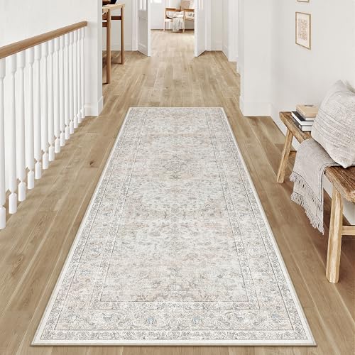 2x5 Washable Vintage Runner Rug for Living Room Bedroom Beige Grey Soft Tranditional Non Slip Runner Rug Lightweight Floral Low Pile Distressed Carpet Hallway Kitchen Bedroom - color: Vintage | Beige Multi, size: 2'x5'