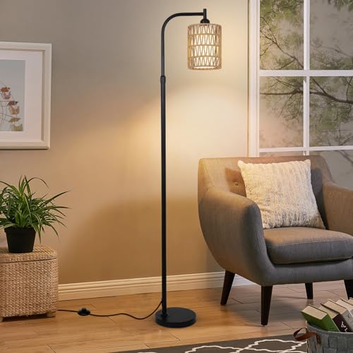 LAMSU Floor Lamp with Remote, Dimmable Rattan Floor Lamp with LED Bulb, Industrial Black Tall Pole Lamp with Rattan & Fabric Shades, Boho Farmhouse Standing Lamps for Living Room Bedroom Office - color: Black