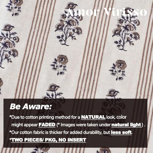 Amor Virisso Farmhouse Floral Throw Pillow Covers 18x18 Set of 2 Block Print Pillow Covers Neutral Boho Floral Striped Decorative Pillow Covers for Sofa Couch Bed, Brown - color: Brown, size: 18" x 18" (Pack of 2)