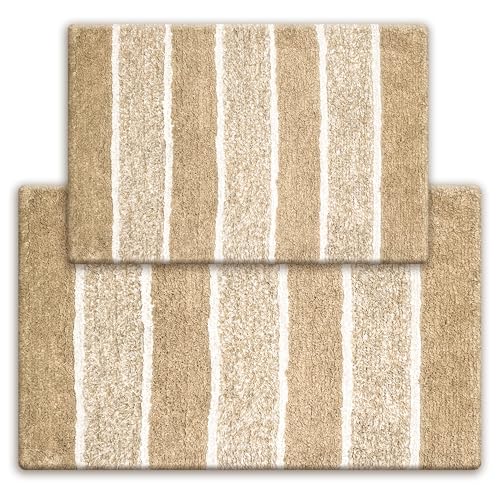 Chardin home Cordural Stripes Bath Mat, Set of 2 Bath Rugs (17x24 Inches & 21x34 Inches) | Non Slip Bathroom Rug, Machine Washable, Plush, Highly Absorbent | Beige-White - color: Beige-white