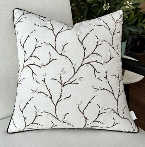 VAGMINE Embroidered Branch Botanical 18x18 Throw Pillow Cover - Ivory Cotton Square Cushion for Sofa Couch Bed - Cottagecore Farmhouse Spring Decor - Pussy Willow - color: Ivory-pussy Willow, size: 18" x 18" (Pack of 1)