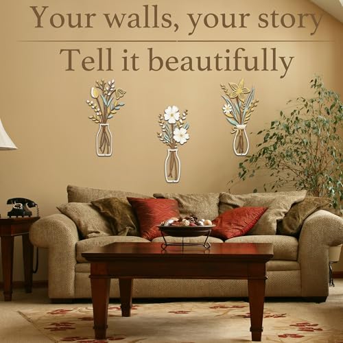 3 Piece Metal Flower Wall Art for Bedroom Living Room Rustic Farmhouse Floral Wall Decor for Bathroom Dining Room Boho Home Decorations Modern Minimalism Walls Hanging Sculptures(Gold Yellow White) - color: Gold Yellow White & Vase Flower
