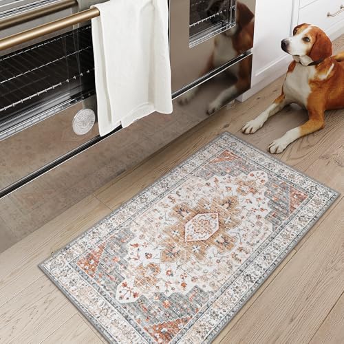 Moynesa Ultra-Thin Washable Entryway Rug 2x3 Rug, Small Kitchen Rugs for Entryway Indoor Non Slip, Vintage Throw Mat for Front Door Entrance Bathroom Laundry Room, Beige/Gold - color: Beige/Gold, size: 2' x 3'