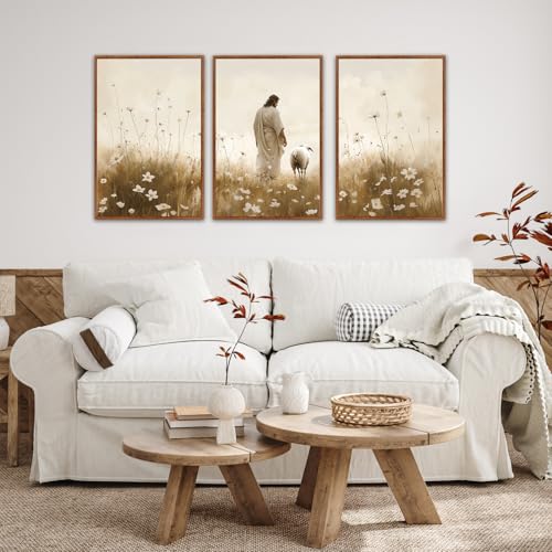 KAIRNE Jesus Framed Canvas Wall Art,Lost Sheep Wall Decor Set of 3(16”X24”),Holy Christian Art Print,Religious Scripture Pictures,Bible Renaissance Wall Painting for Living Room,Bedroom,Church Decor - color: Jesus & Sheep(medium), size: 16"Lx24"W