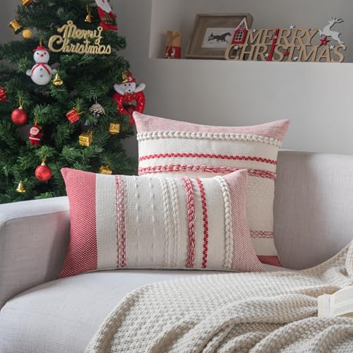 Cethom Christmas Pillow Covers 12x20 Inch Set of 2, Red Textured Boho Christmas Decoration Couch Pillow Cases for Farmhouse Home Decor, Accent Cushion Cover for Sofa, Bed, Living Room, Bedroom - color: Red, size: 20" x 12" (Pack of 2)