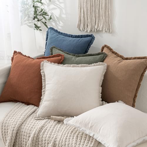 MIULEE Decorative Throw Pillow Covers Neutral Linen Fringe Throw Pillows Set of 2 Blue Ashes Boho Farmhouse Cushion Covers with Tassels for Couch Sofa Bed Home Spring Decor 18x18 Inch - color: Blue Ashes, size: 18" x 18" (Pack of 2)