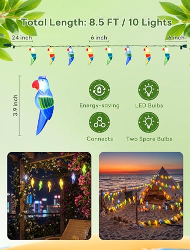 Parrot String Lights, 8.5FT 10 LED Summer String Lights with UL Certified Plug, Waterproof Tropical Party Decorations for Patio, Connectable Hawaiian Lights for Garden Backyard Bedroom Decor - color: 10 LED Parrot Lights