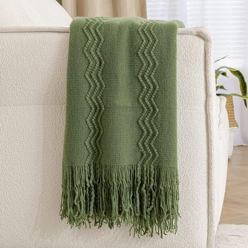 MIULEE Moss Green Knitted Throw Blanket for Couch Textured Knit Blanket with Tassels Cozy Woven Bed Blanket for Sofa Bed Chair Wave Pattern Spring Home Decor for All Seasons 50"x60" - color: Moss Green, size: 50" x 60"