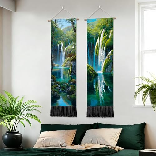 seewan 2 Pack Long Vertical Wall Tapestry, Boho Nature Landscape & Floral Aesthetic Wall Hanging for Bedroom Living Room Home Decor, Long Narrow Art Tapestry with Sunrise Mountain Botanical Designs, 13" × 51" (Waterfall Jungle Glow, 13"Wx51"H, Unframed) -