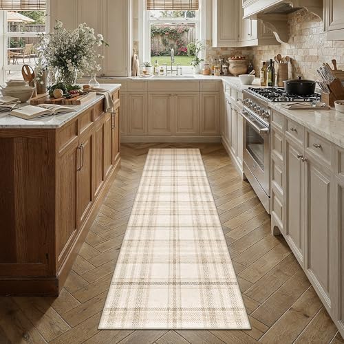 2x8 Beige Runner Rug for Kitchen Machine Washable Low Pile Checkered Carpet Modern Accent Soft Non Slip Rug for Bathroom Bedroom Nursery Indoor - color: Beige, size: 2' x 8' (Runner)