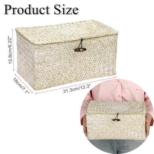 Hipiwe Seagrass Storage Basket Bins with Lid, Handwoven Wicker Shelf Baskets Bin Rectangular Household Basket Organizer Boxes for Shelf Closet Bedroom Home Decor, Whitewash Medium - color: Whitewash, size: Medium