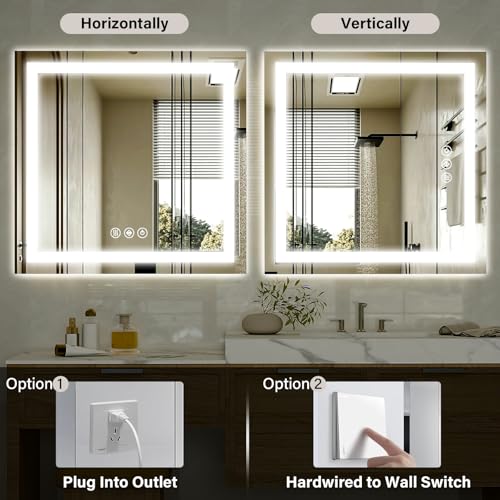 XRAMFY 47"x 47" LED Bathroom Mirror, Backlit + Front Lit, LED Bathroom Mirror with Lights for Wall, 3 Colors, Anti-Fog, Dimmable Brightness, Tempered Glass - size: 47"L x 47"W