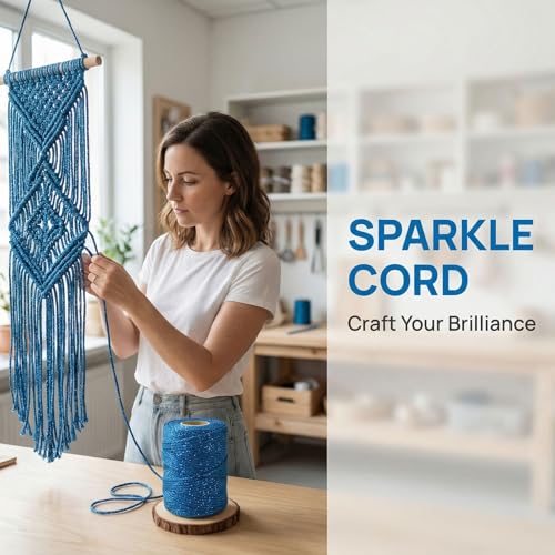 3mm Sparkle Polyester Macramé Cord - 150g/66yds Metallic Glitter Braided Cord for Crocheting Bags, Baskets, Macramé Plant Hangers & DIY Crafts, Machine Washable (10#Navy) - color: 10#navy