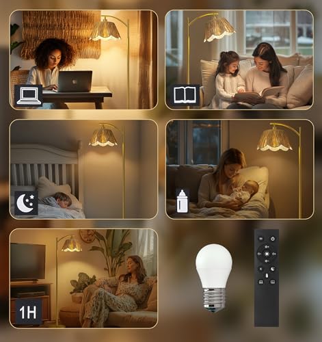 Oneach Arc Floor Lamp for Living Room with 3 Color Temperatures, Rattan Boho Floor Lamp with Hand-Woven Wicker Shade,Farmhouse Floor Lamps with Remote & Dimmable Bulb, Suitable for Bedroom（Gold） - color: Oil Gold