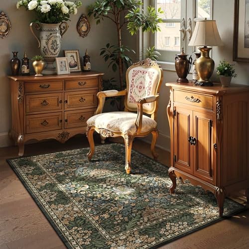 3x5 Floral Washable Area Rug for Living Room, Vintage Boho Rugs for Bedroom Dining Room, Botanical Birds Non Slip Low Pile Forest Throw Carpet for Farmhouse Office, Retro Gold/Green - color: Gold Green (Larger Pattern), size: 3' x 5' (Rectangular)