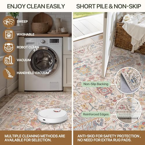 Area Rugs 8x10 Clearance Washable Boho Rug for Bedroom Living Room, Non Slip Thin Low Pile Chenille Carpet for Dining Room,Vintage Farmhouse, Retro Multi - color: Retro Multi, size: 8' x 10' (Rectangular)