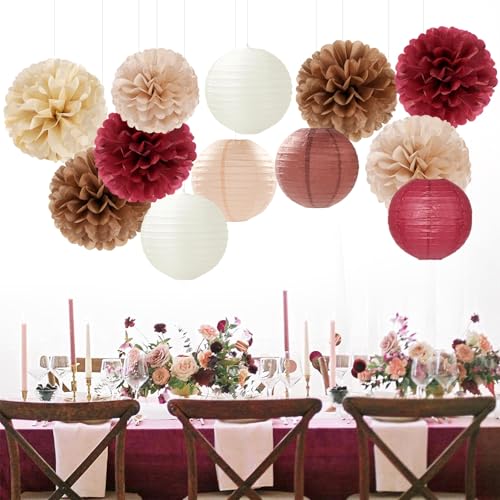 Burgundy-Brown Champagne Party-Decorations Paper-Flowers Lanterns - 15PCS Fall Boho Tissue Pom Poms Streamers,Autumn Rustic Baby Shower Neutral Wedding Birthday Decor Hugfond - color: Brown Champagne