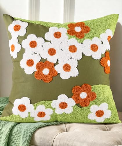 Embroidered Throw Pillow Cover - 18x18 Decorative Pillow Cover with Zipper Aesthetic Cute Design Boho Spring Summer Cozy Throw Pillowcase for Living Room Couch Sofa Bed, Green Flowers - color: Green-flowers, size: 18" x 18" (Pack of 1)