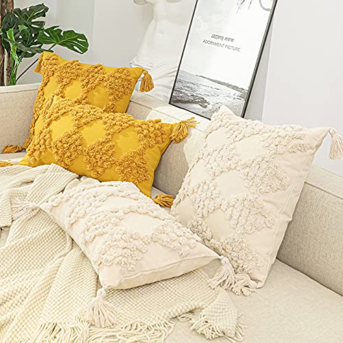 Boho Geometric Throw Pillow Cover Woven Tufted Cushion Cover with Tassel,Canvas Decorative Square Throw Pillowcase for Sofa Couch Bedroom (Yellow,18"×18")