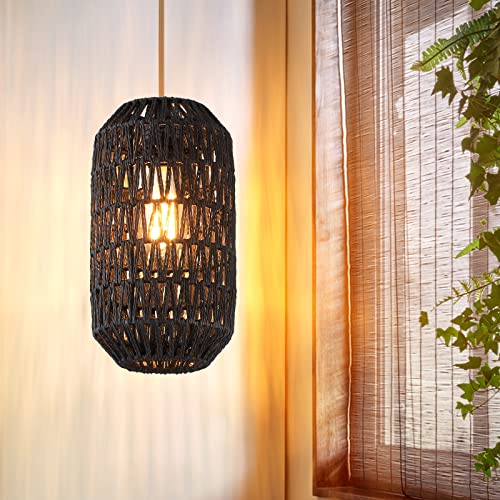 Ruzectt Pendant Light Fixtures Black Rattan Pendant Lights for Kitchen Island with 72in Adjustable Golden Cotton Cord, Farmhouse Wicker Basket Light Fixture for Living Room (Black-A) - color: Black-A