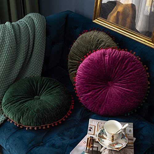 vctops Velvet Soft Round Chair Pads Cute Gradient Pom Pom Indoor Dining Chairs Cushion (Dark Green, Diameter 16") - color: Dark Green, style: Diameter 16 Inch