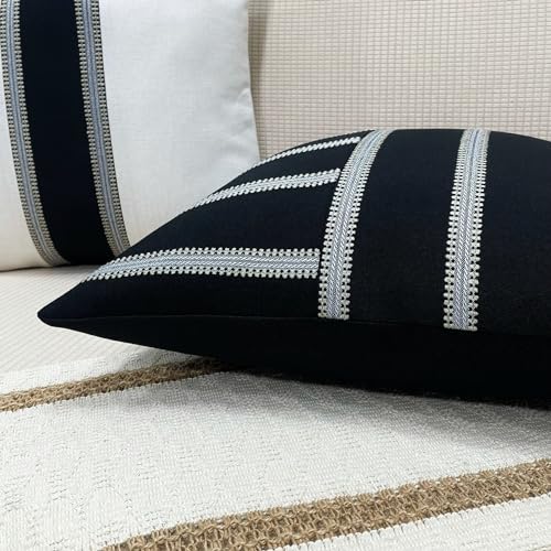 Slow Cow Linen Black and Off White Jacquard Textured Woven Stripe Patchwork Throw Pillow Cover Square 18 x 18 Inches - color: Black Patchwork, size: 18" x 18" (Pack of 1)