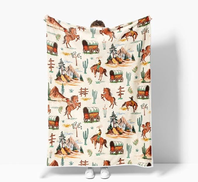 Western Cowboy Blankets, Rustic Cowboy Blankets Farmhouse Country Flannel Blanket, Soft, Flannel, Warm, Wild West Cowboys Riding Horse in Desert Bed Blanket–All Seasons 50X60 Inch