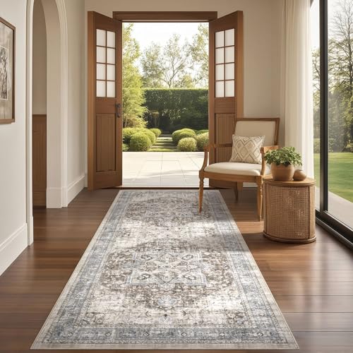 Tortania Area Rug 2x6 Runner Rugs - Washable Vintage Oriental Farmhouse Thin Indoor Carpet for Living Room Bedroom Hallway Entryway Kitchen Under Dining Table Home Office - Brown Blue - color: Brown Blue, size: 2' x 6' (Runner)
