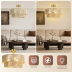 BoostArea 16.54” Boho 2-Tier Rattan Ceiling Light Fixture, Semi Flush Mount Woven Chandelier for Bedroom, Dining Room, Kitchen, Entryway, Living Room(Bulb not Included) - color: Beige