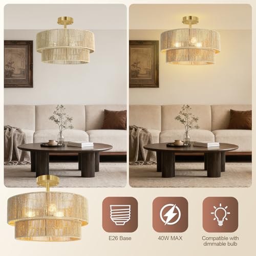 BoostArea 16.54” Boho 2-Tier Rattan Ceiling Light Fixture, Semi Flush Mount Woven Chandelier for Bedroom, Dining Room, Kitchen, Entryway, Living Room(Bulb not Included) - color: Beige