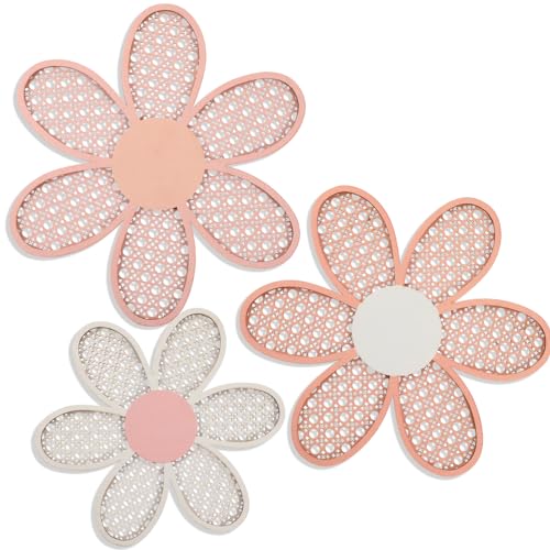 Maitys 3 Pieces Boho Daisy Wall Decor Natural Rattan Flower Wall Hanging Art Wooden Boho Art Nursery Flowers Farmhouse Hanging Decor for Home Office Nursery(Rustic Color) - color: Rustic Color